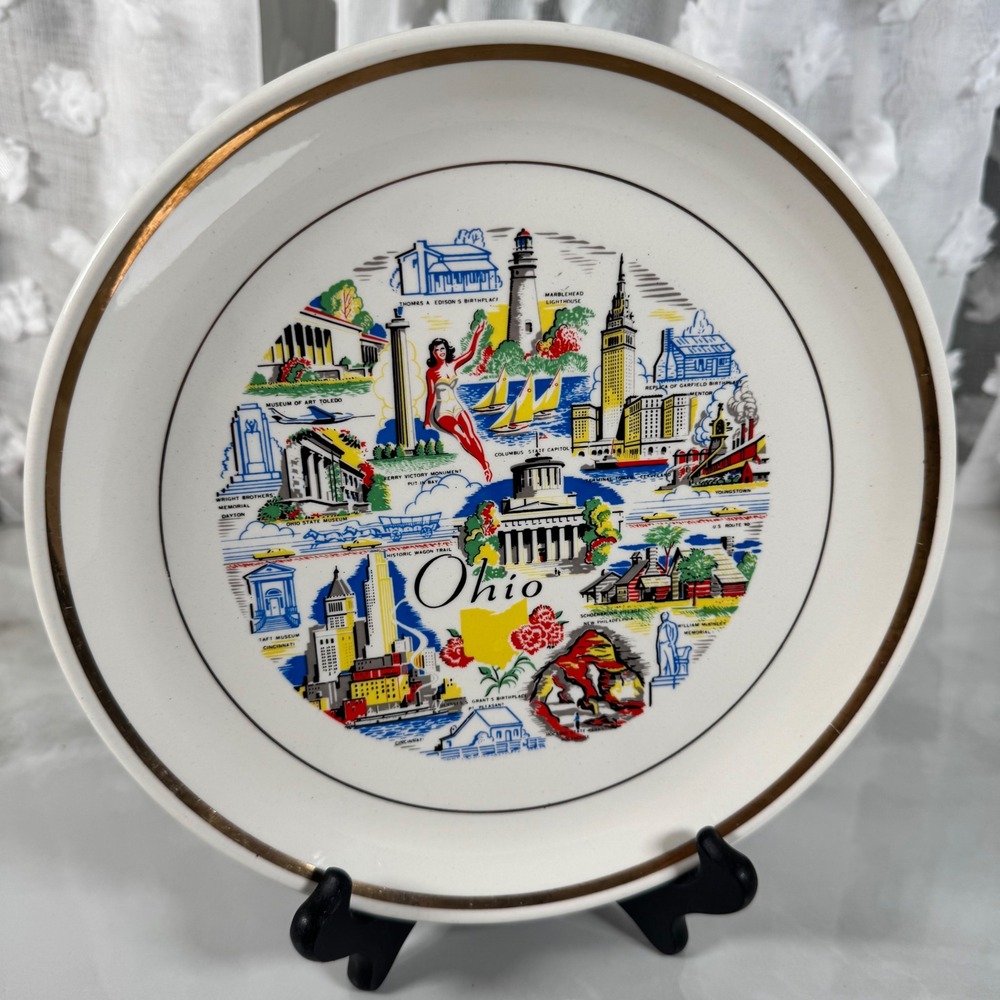 Vintage Ohio Landmark Souvenir Collector Plate Gold Rim US Travel Midcentury